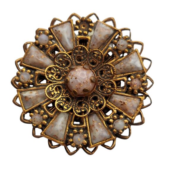 Vintage Copper Tone Filigree Pin Ornate White / Pink Confetti Lucite Brooch READ - Picture 1 of 10